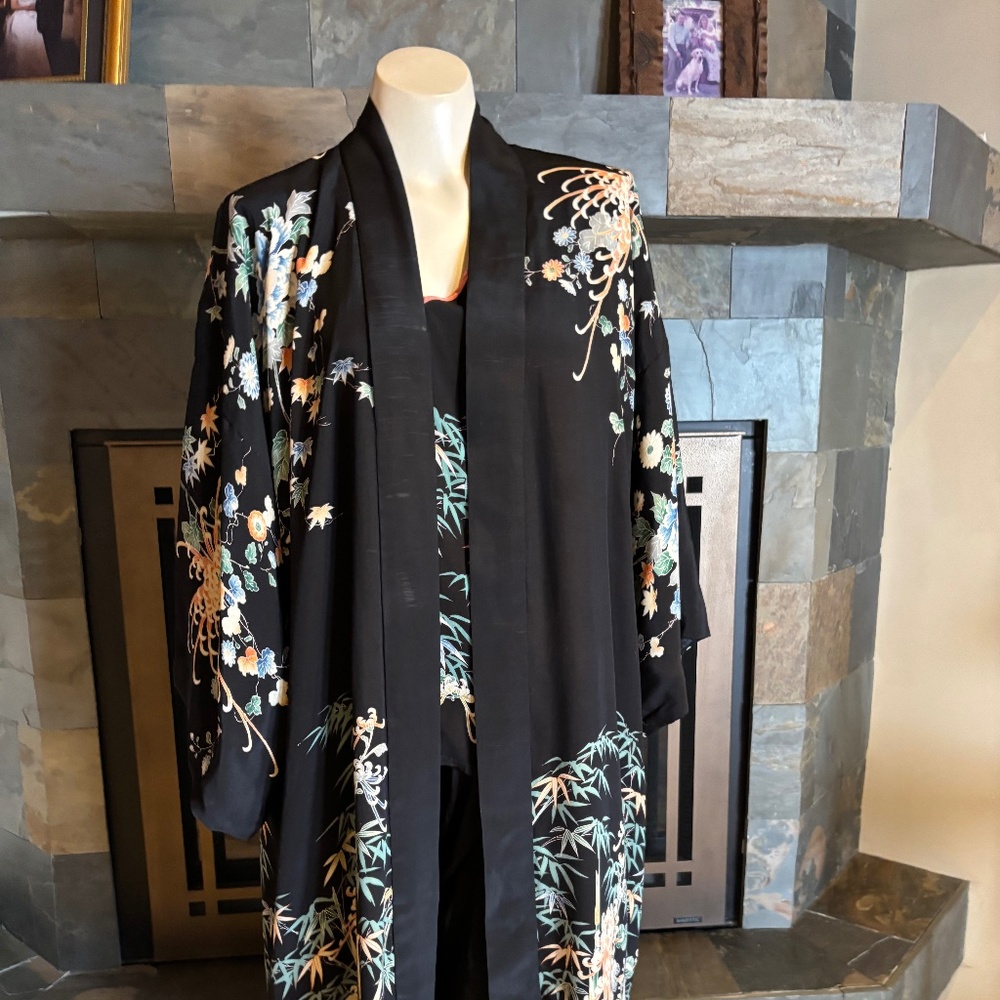30s Goth Hollywood Vamp Bombshell Asian Bamboo Kimono Pajamas Lounge Set S-M